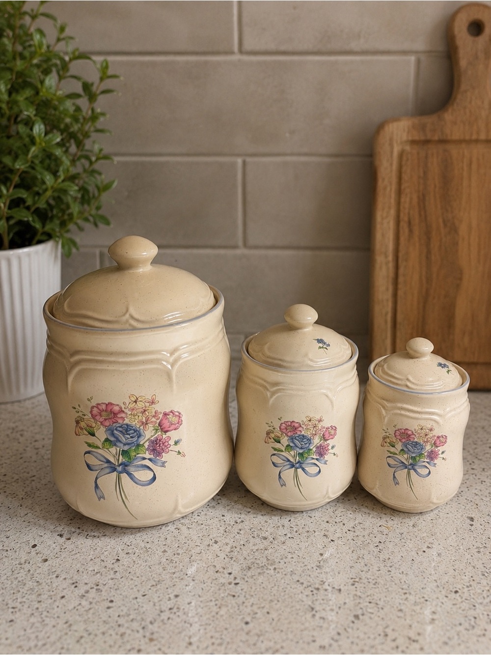 Vintage Cream Floral Ceramic Canister Set with Blue Ribbon Motif